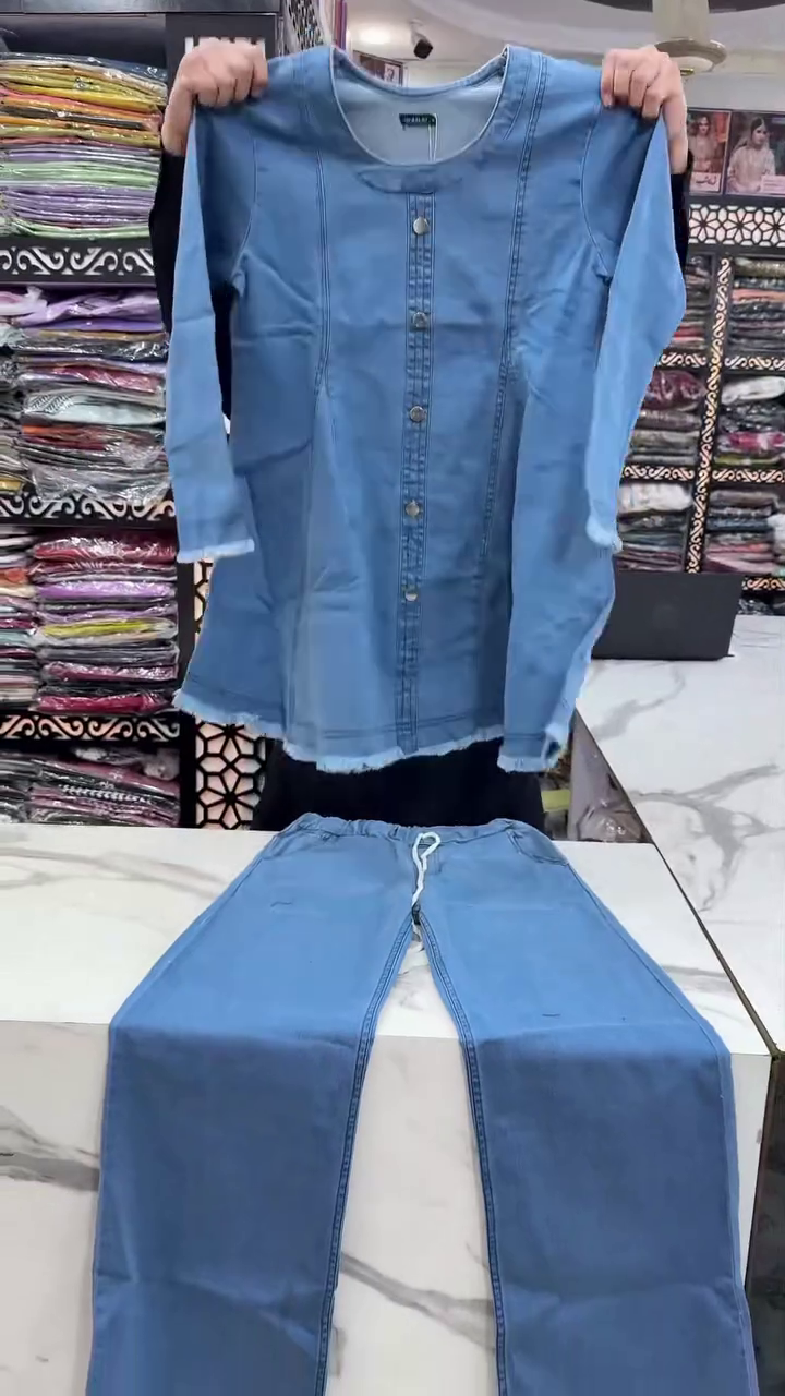 Casual Light Blue Denim Straight-Cut Kurti Featuring Full-Length Sleeves and Contrast Stitching Paired with Matching Denim Trousers 👖 - Image 3