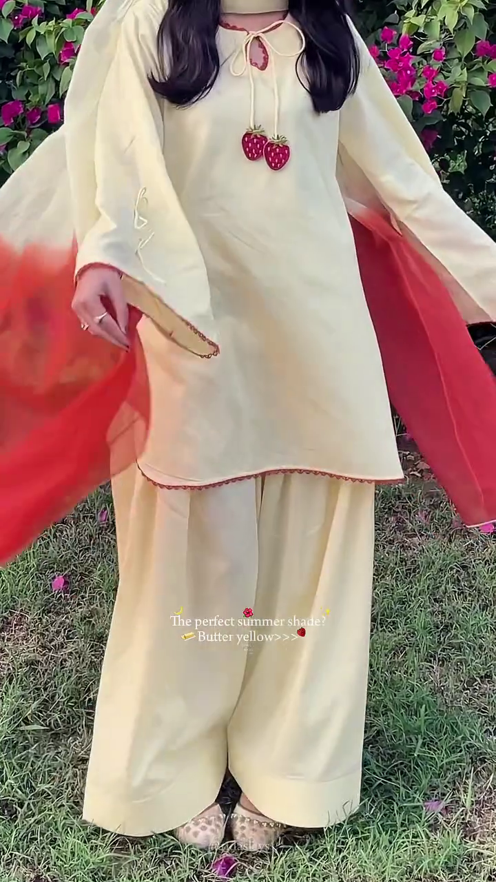 Elegant Butter Yellow Cotton Ethnic Suit Set Featuring Tie-Up Neckline with Strawberry Tassels and Matching Wide-Leg Palazzos 🍓 - Image 5