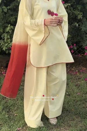 Elegant Butter Yellow Cotton Ethnic Suit Set Featuring Tie-Up Neckline with Strawberry Tassels and Matching Wide-Leg Palazzos 🍓