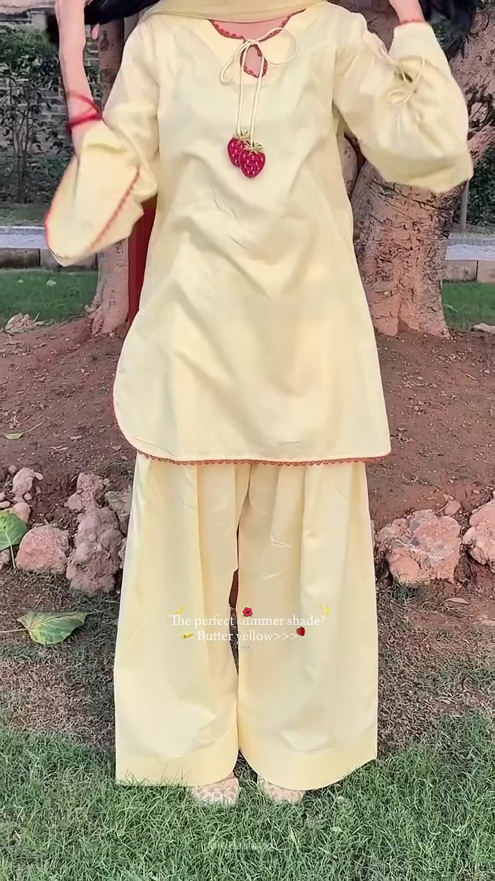 Elegant Butter Yellow Cotton Ethnic Suit Set Featuring Tie-Up Neckline with Strawberry Tassels and Matching Wide-Leg Palazzos 🍓 - Image 3