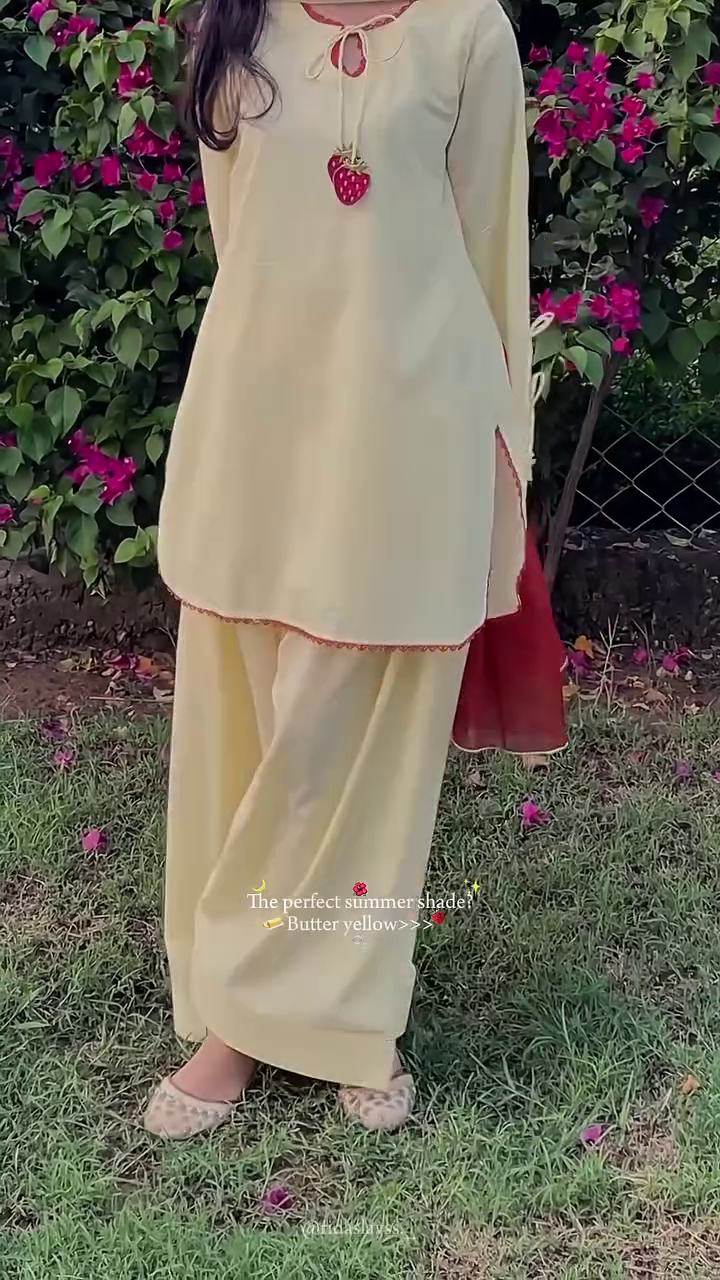Elegant Butter Yellow Cotton Ethnic Suit Set Featuring Tie-Up Neckline with Strawberry Tassels and Matching Wide-Leg Palazzos 🍓 - Image 4