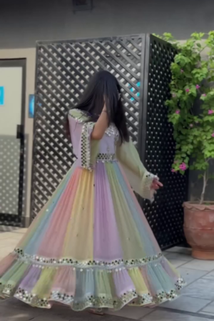 🌈 Vibrant Multicolor Pastel Paneled Anarkali Gown Featuring Shimmering Mirror-Work Embellishments and Ruffled Hemline ✨